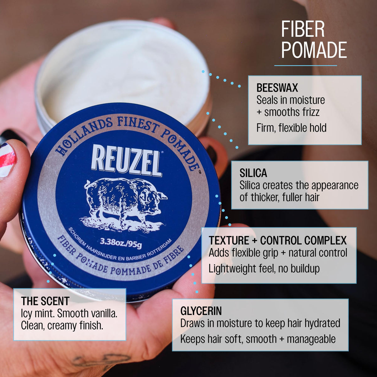 REUZEL fiber pomade next to ruler showing 95g tin for size and portability benefit