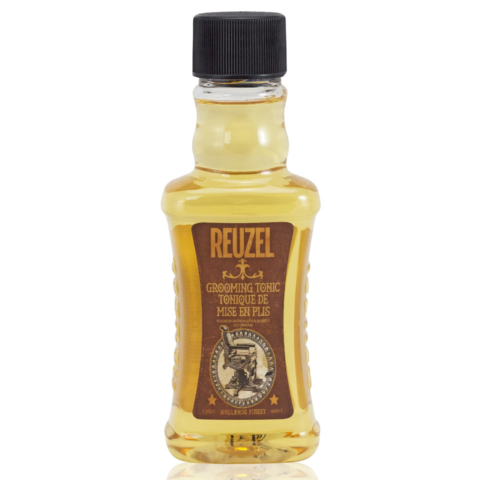 REUZEL grooming tonic front bottle displaying natural hold and heat protection