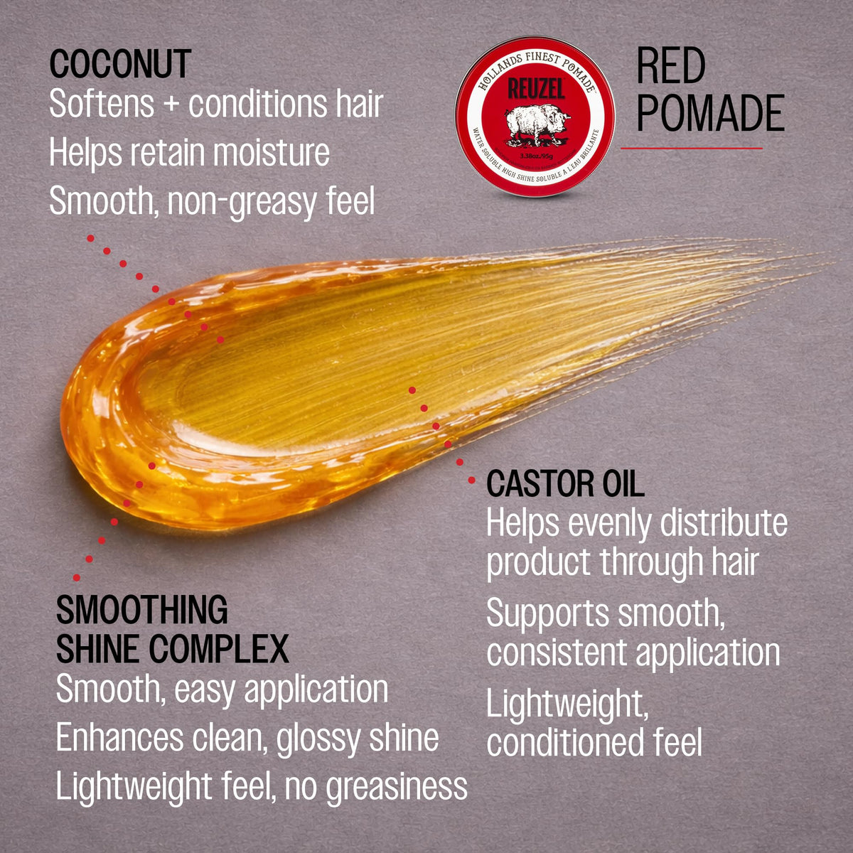 REUZEL Red pomade applied on hands warmed to demonstrate easy spreadability and control