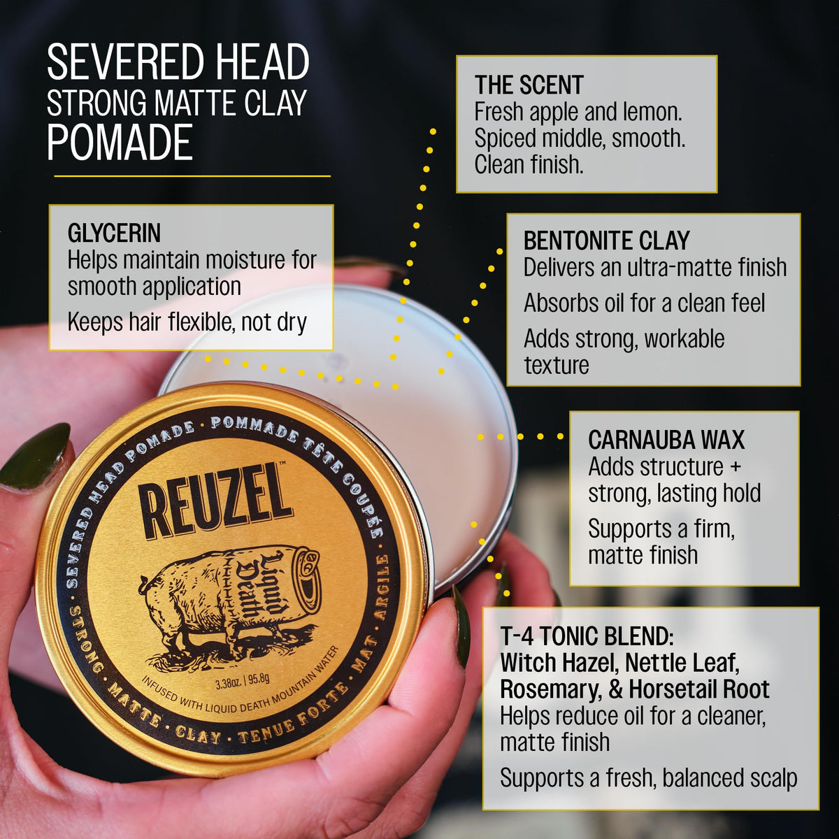 REUZEL Severed Head ingredient label with argan oil and aloe benefits visible