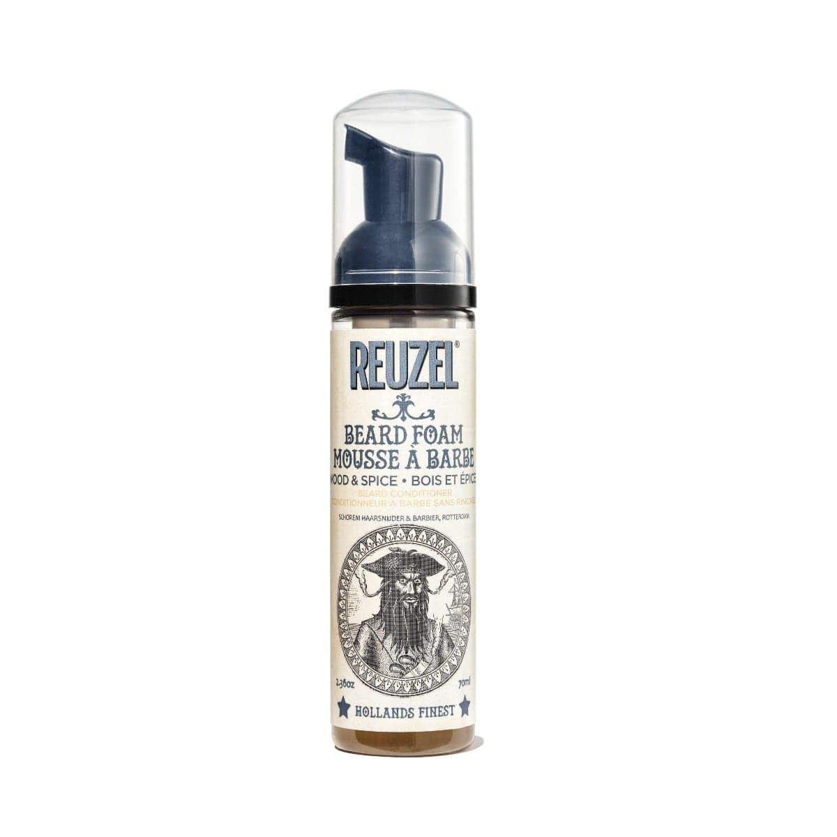 REUZEL bottle front view showing label and foam benefit for fresh-smelling beard