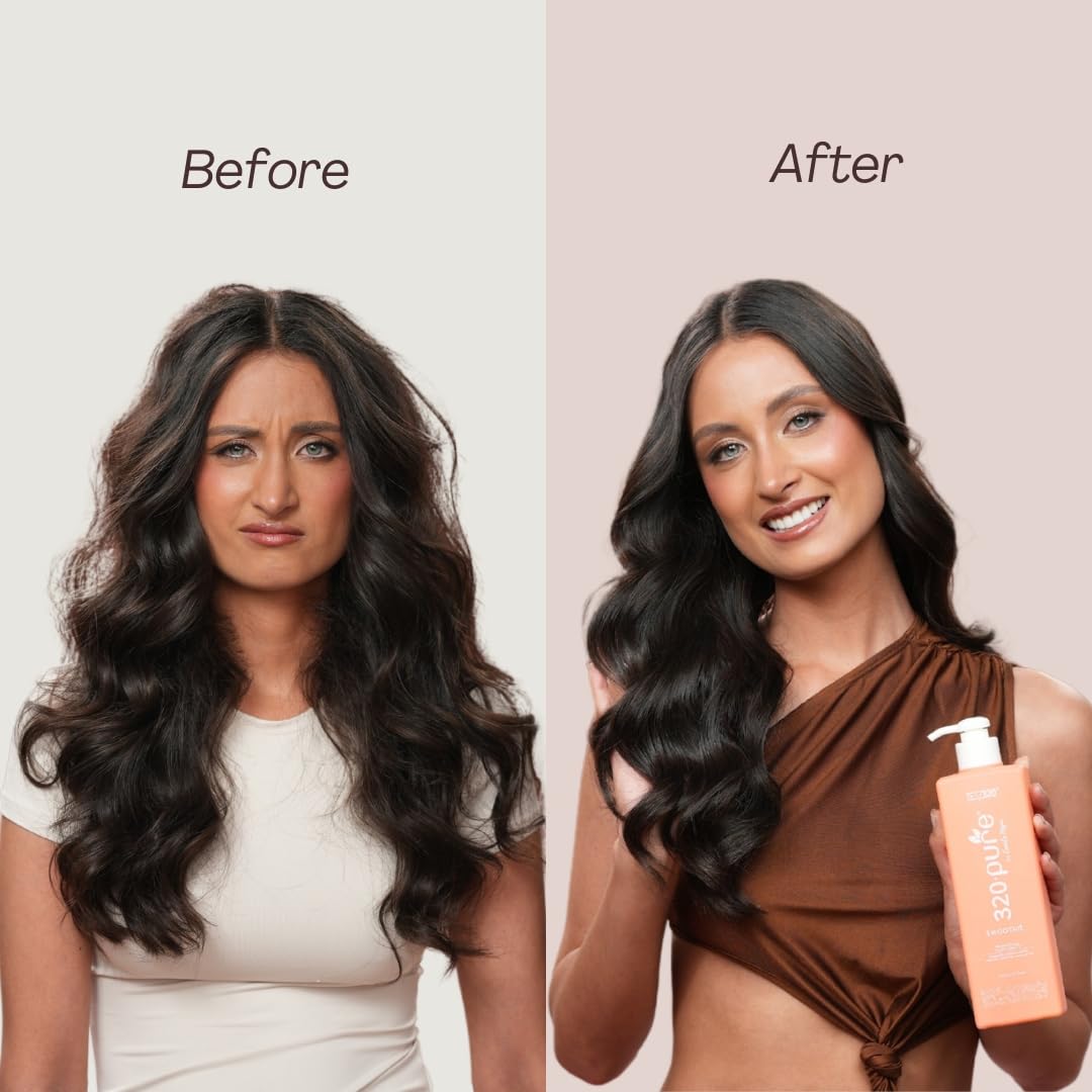 Rev320 before and after photo showing reduced frizz and smoother hair