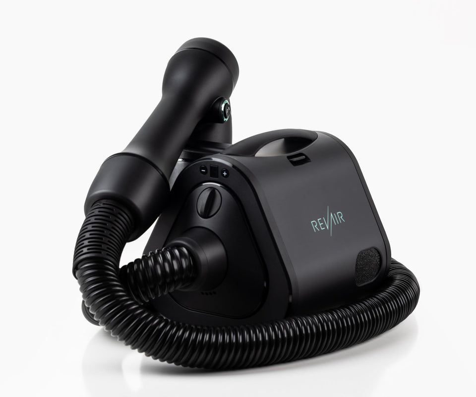 REVAIR front profile showing compact base and hose for fast drying