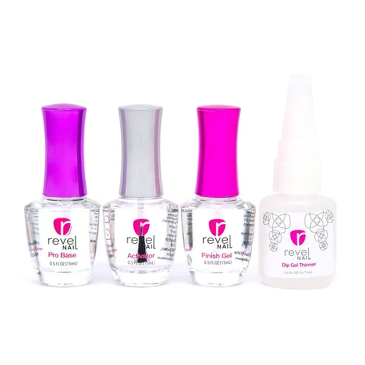 Revel Nail liquid set front packaging showing four bottles and benefits
