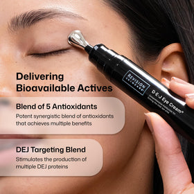 Revision illustrative before and after diagram for D·E·J Eye Cream, indicates wrinkle reduction benefit
