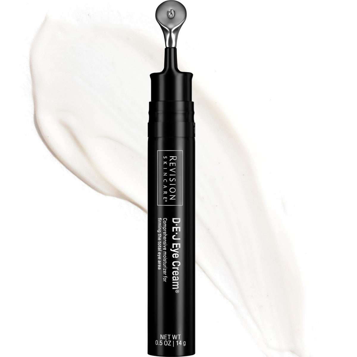 Revision Skincare D·E·J Eye Cream front view with applicator, shows compact design benefit