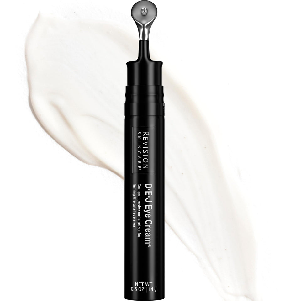 Revision Skincare D·E·J Eye Cream front view with applicator, shows compact design benefit