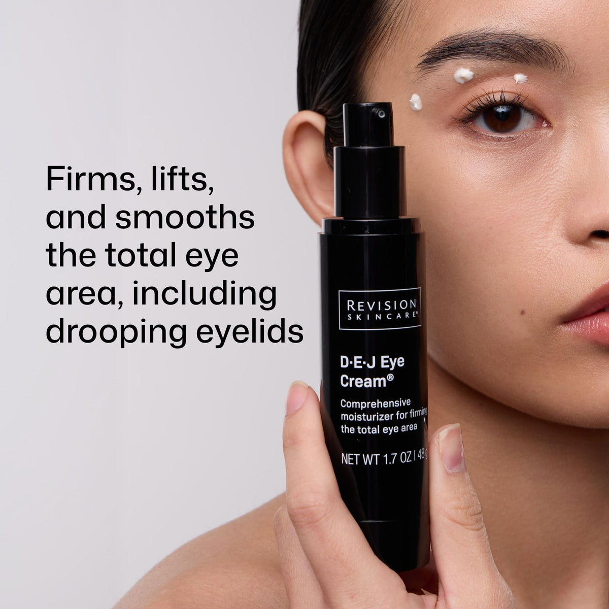 Revision D·E·J Eye Cream packaging label close-up, highlights clinical and ingredient benefits