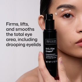 Revision D·E·J Eye Cream packaging label close-up, highlights clinical and ingredient benefits