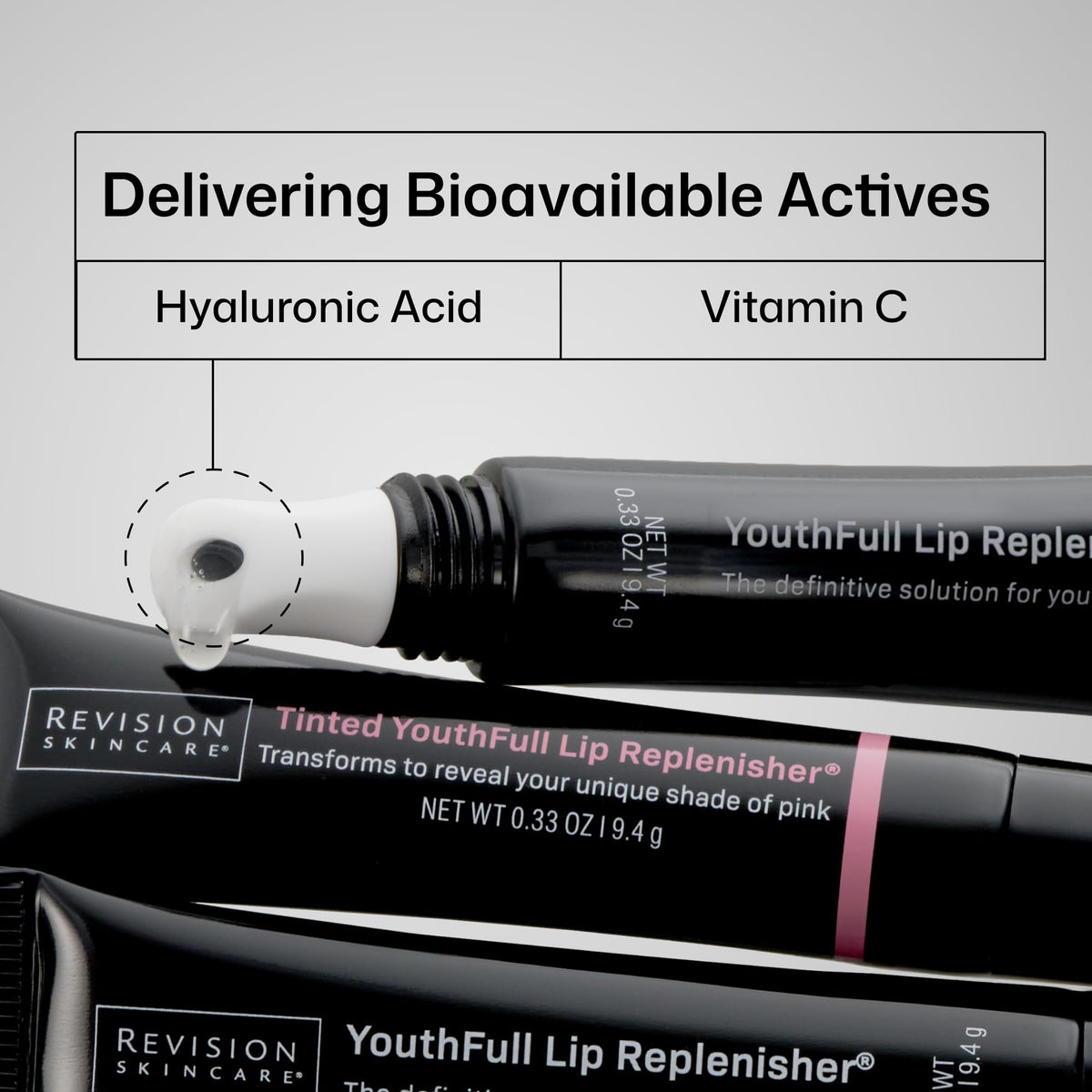 Revision Skincare gloss texture swiped on hand, smooth non-sticky finish for shine