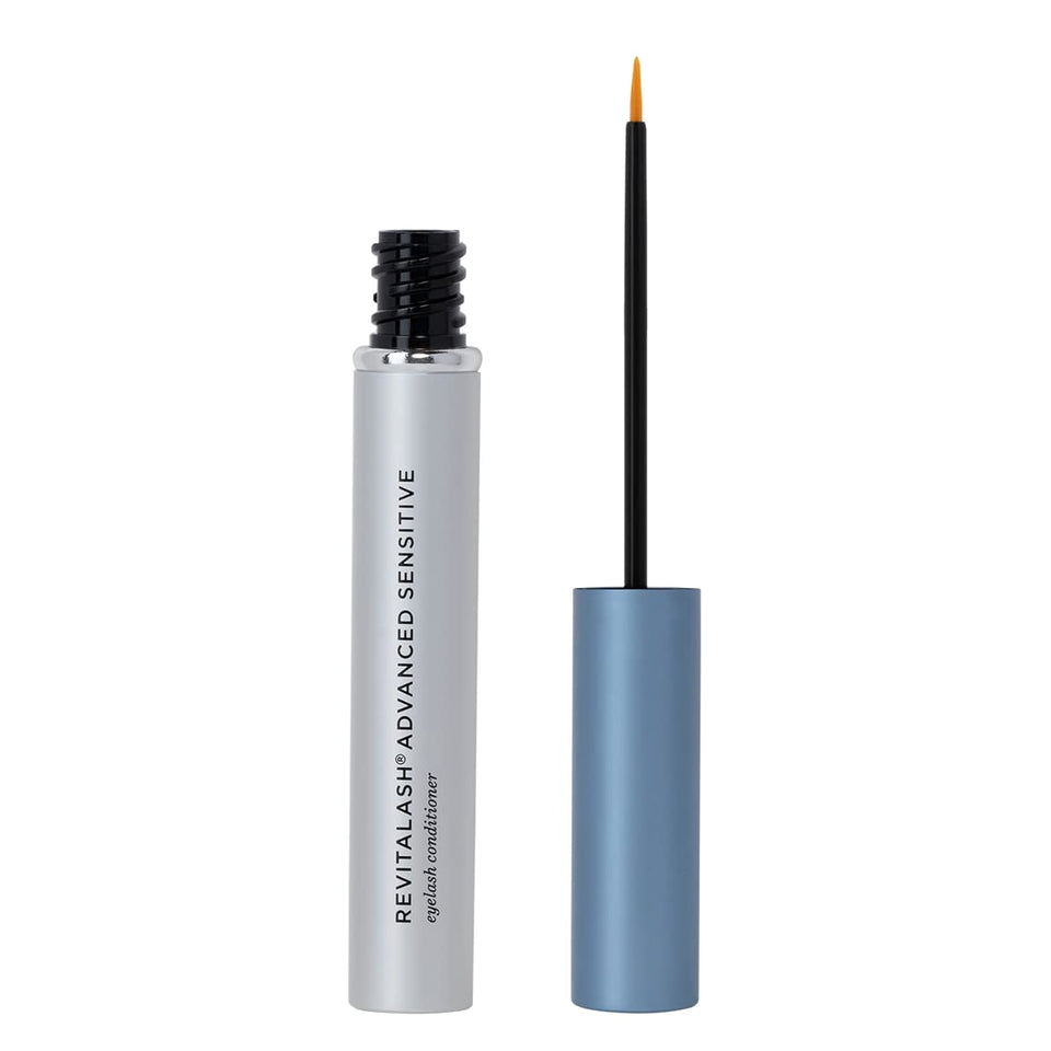 RevitaLash sensitive front packaging showing compact tube and applicator, gentle conditioning benefit