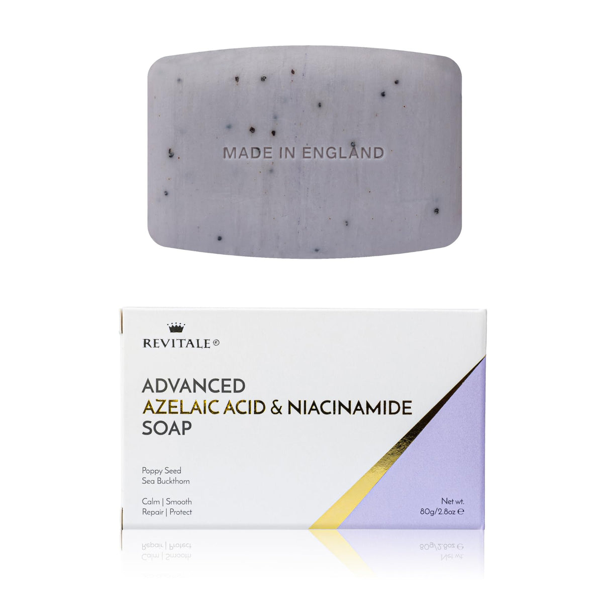 REVITALE front packaging showing calming cleansing bar and benefits
