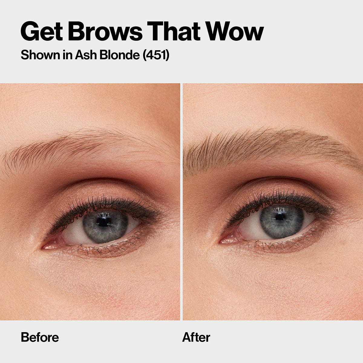 Revlon before-and-after brow fill demonstrating fuller, yet natural brows