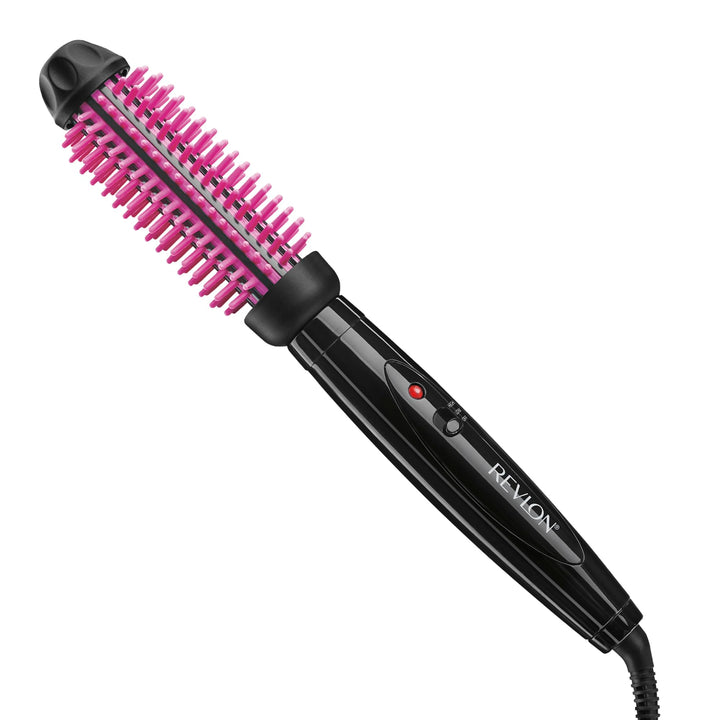 REVLON front view of heated silicone bristle styling brush showing sleek black and pink design for easy handling