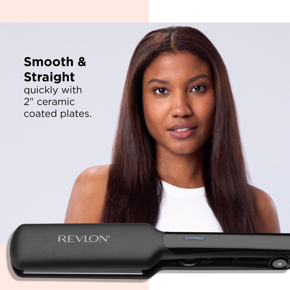 REVLON ceramic plate close-up highlighting smooth coating for even heat distribution