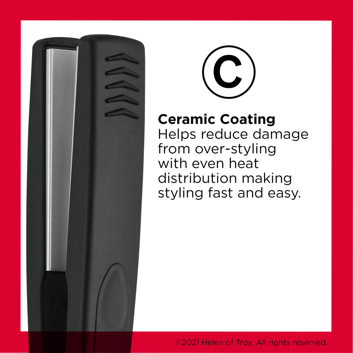 Revlon ceramic plate closeup highlighting smooth coating for even heat distribution