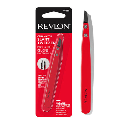 Revlon tweezers front view showing red stainless steel body and slanted tip for precise shaping