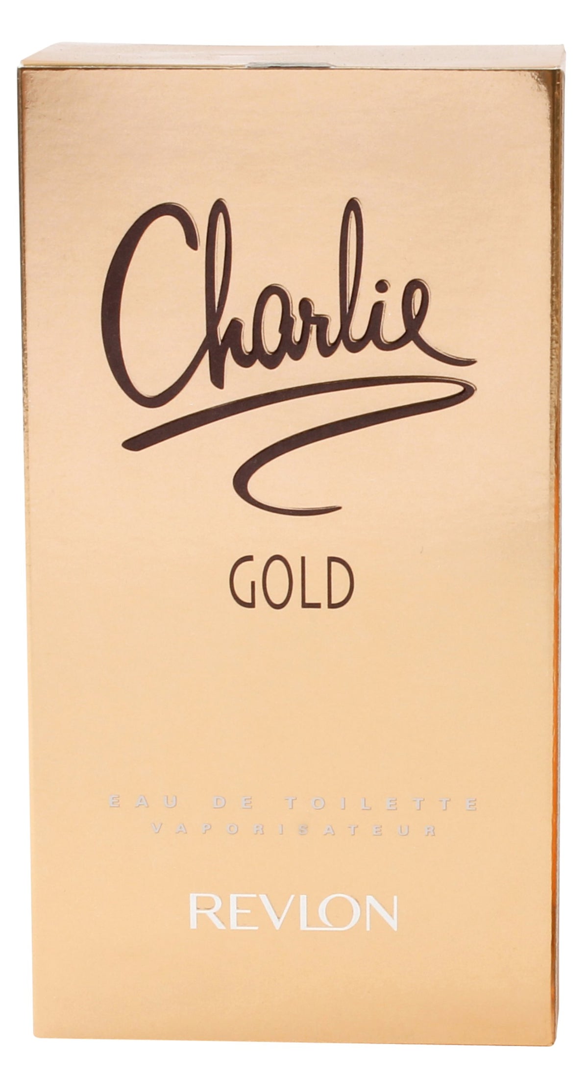 Revlon Charlie Gold bottle detail highlighting golden cap and glass finish, luxurious look