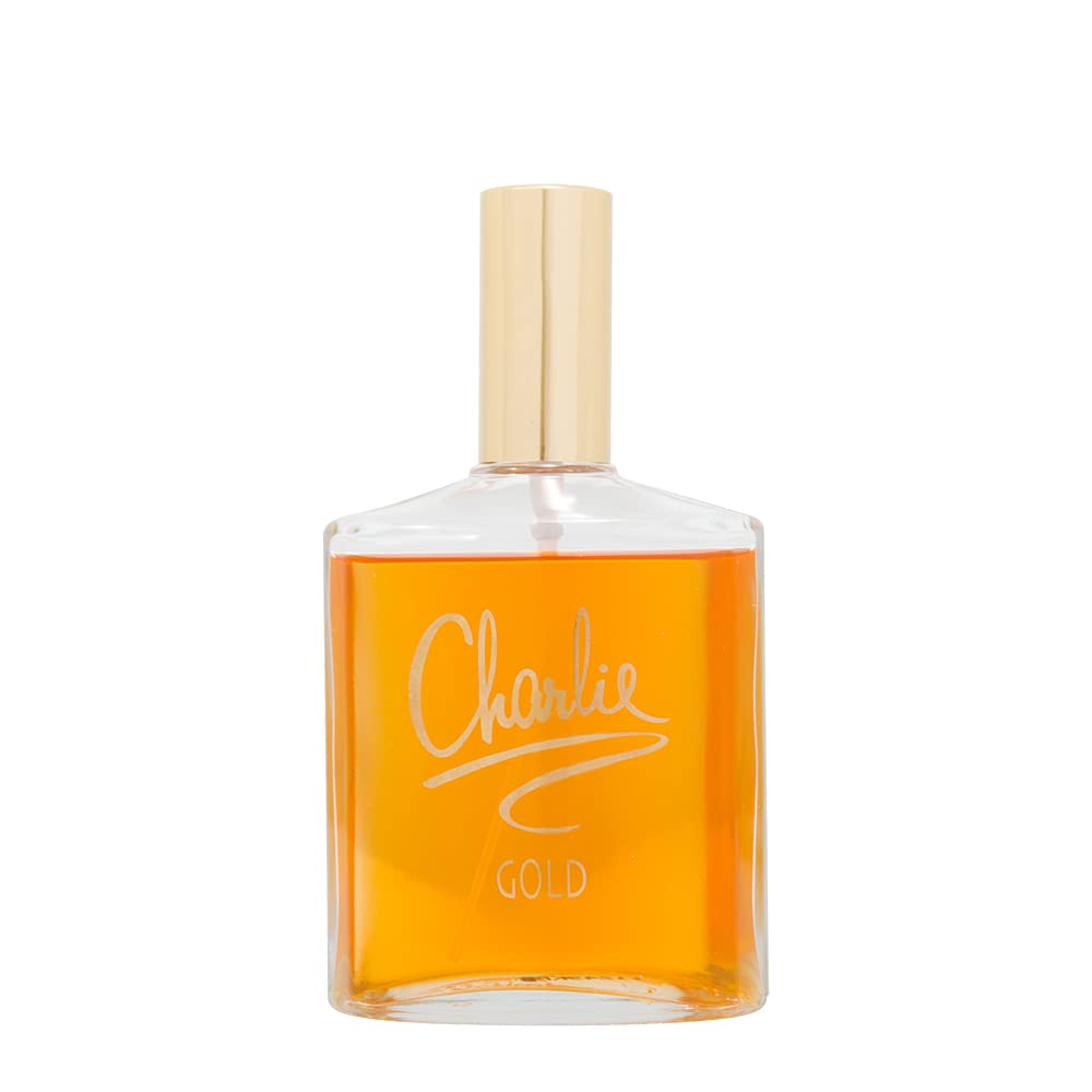 Revlon Charlie Gold beside a 100 ml label for scale, clear size reference