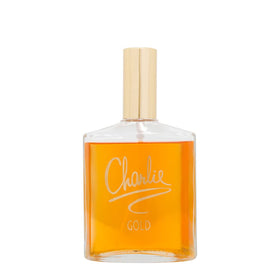 Revlon Charlie Gold beside a 100 ml label for scale, clear size reference