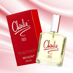 Revlon Charlie Red bottle scale next to hand showing 3.4 oz size for everyday use
