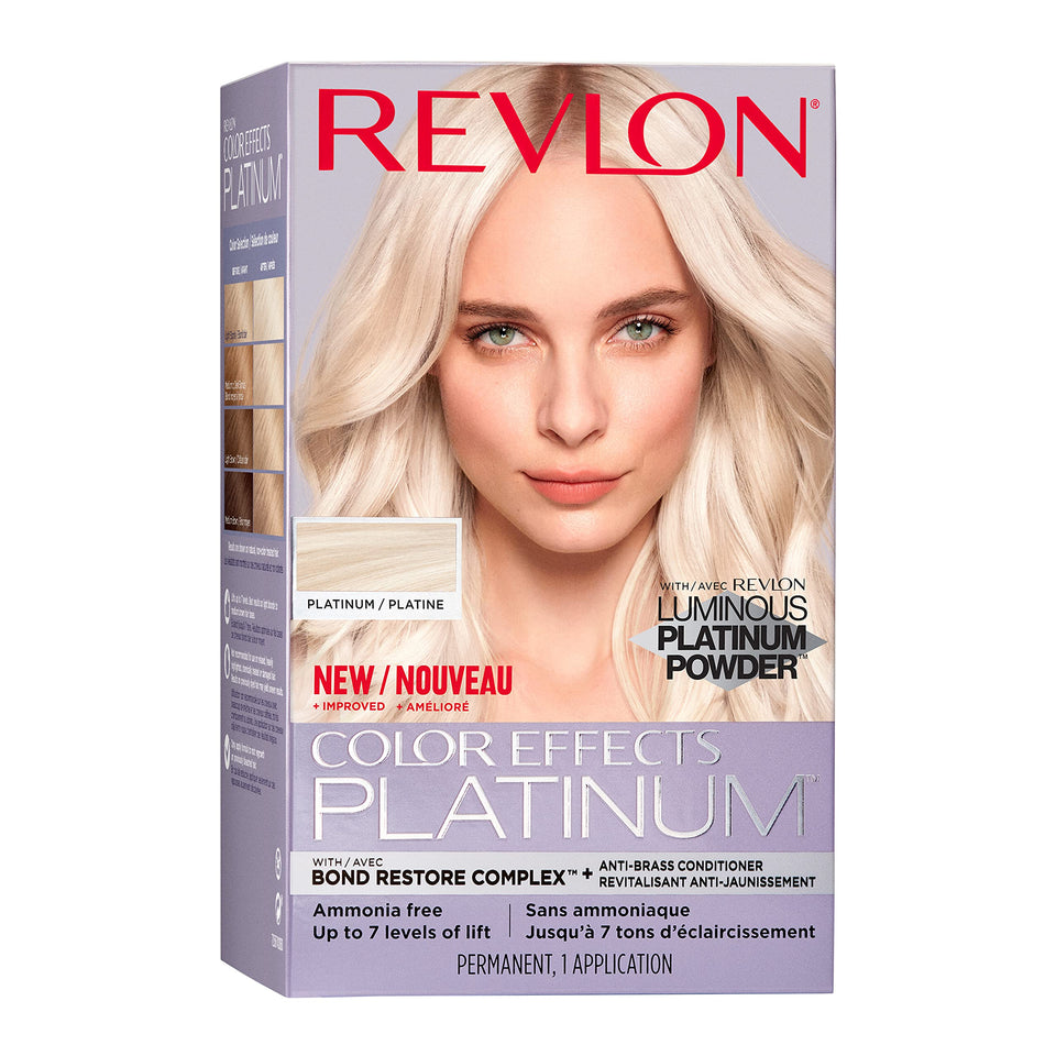 Revlon packaging front view showing product and benefit of bright platinum results