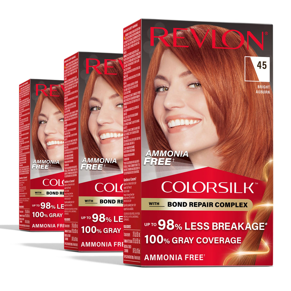 Revlon ColorSilk front box showing Bright Auburn shade for clear selection and confidence