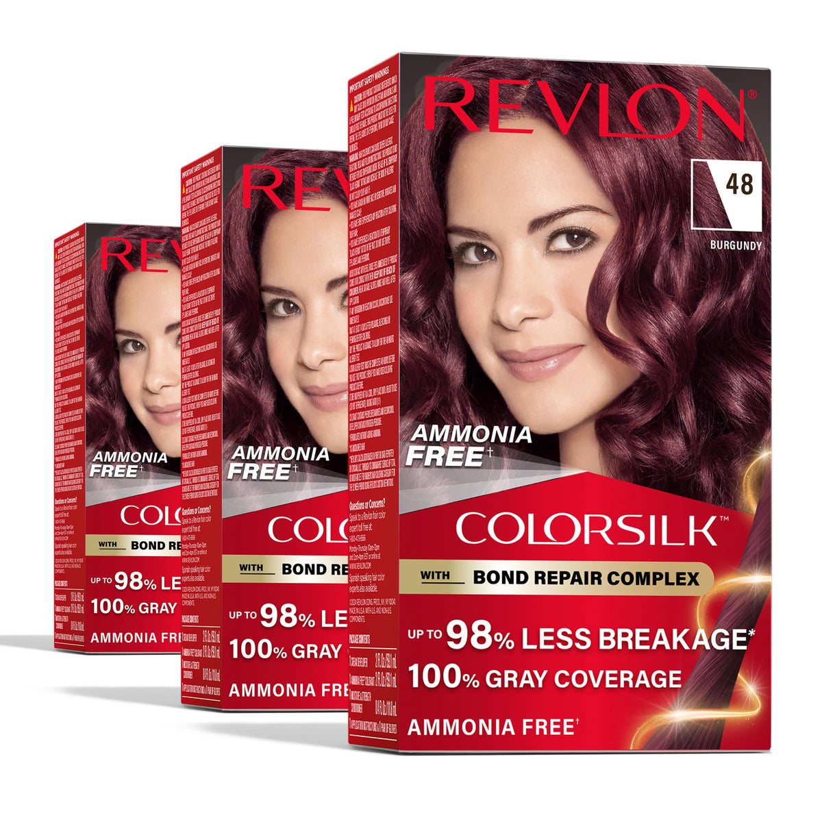Revlon ColorSilk front packaging showing burgundy shade and benefits