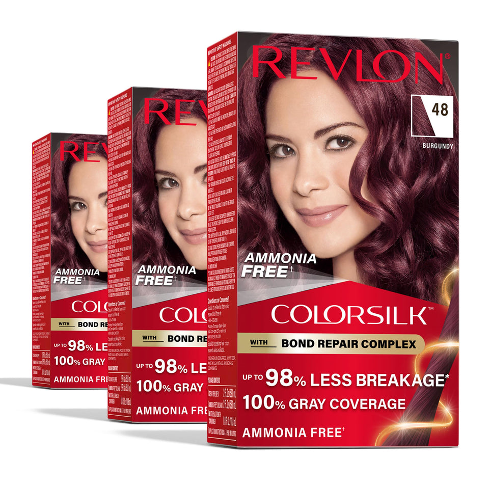 Revlon ColorSilk front packaging showing burgundy shade and benefits