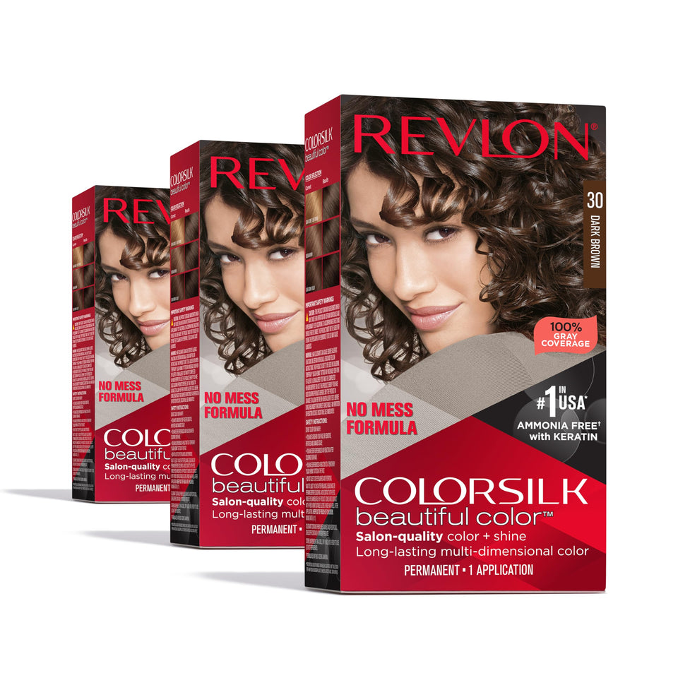 Revlon Colorsilk front packaging showing shade 30 Dark Brown and benefits