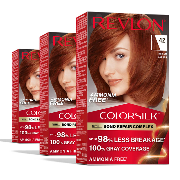 Revlon ColorSilk front box showing medium auburn shade and pack benefits