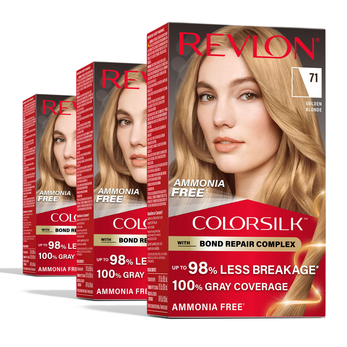 Revlon ColorSilk front packaging showing 71 Golden Blonde and benefits