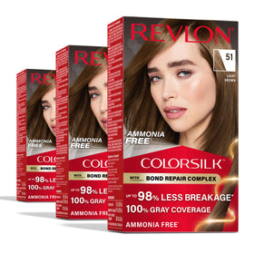 Revlon ColorSilk front packaging showing shade 51 Light Brown and benefits