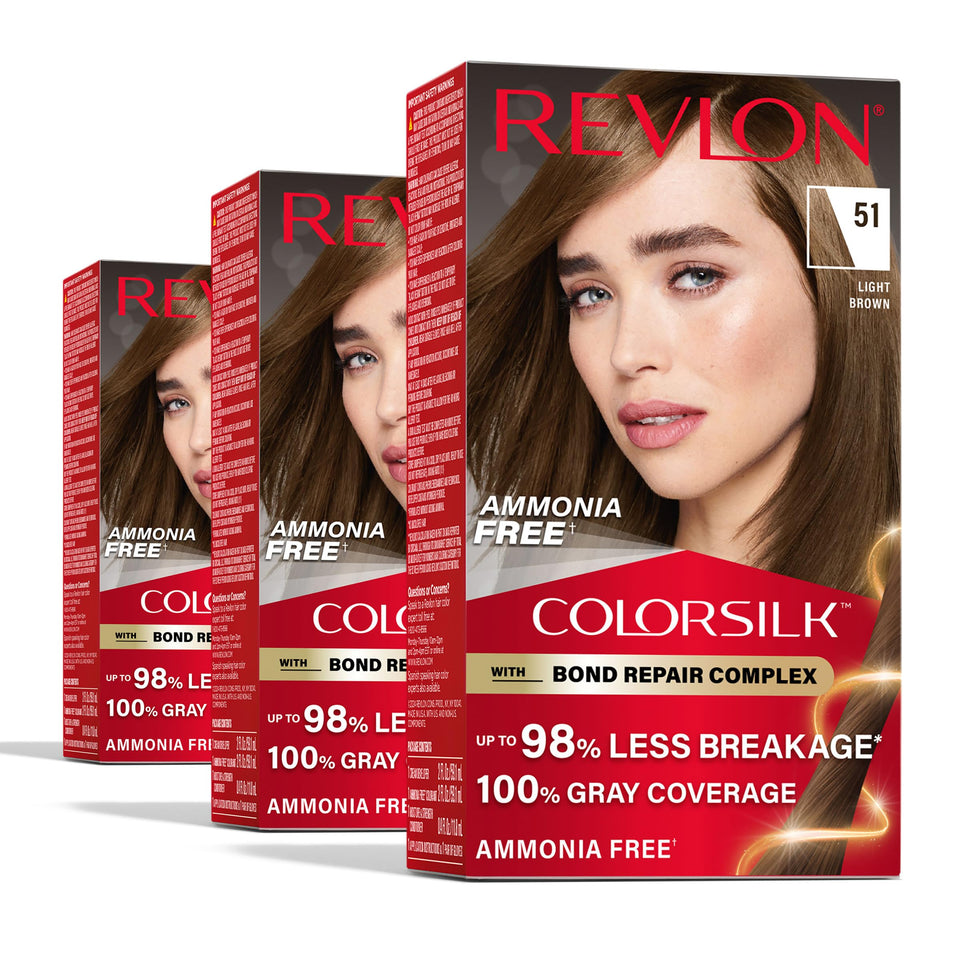 Revlon ColorSilk front packaging showing shade 51 Light Brown and benefits