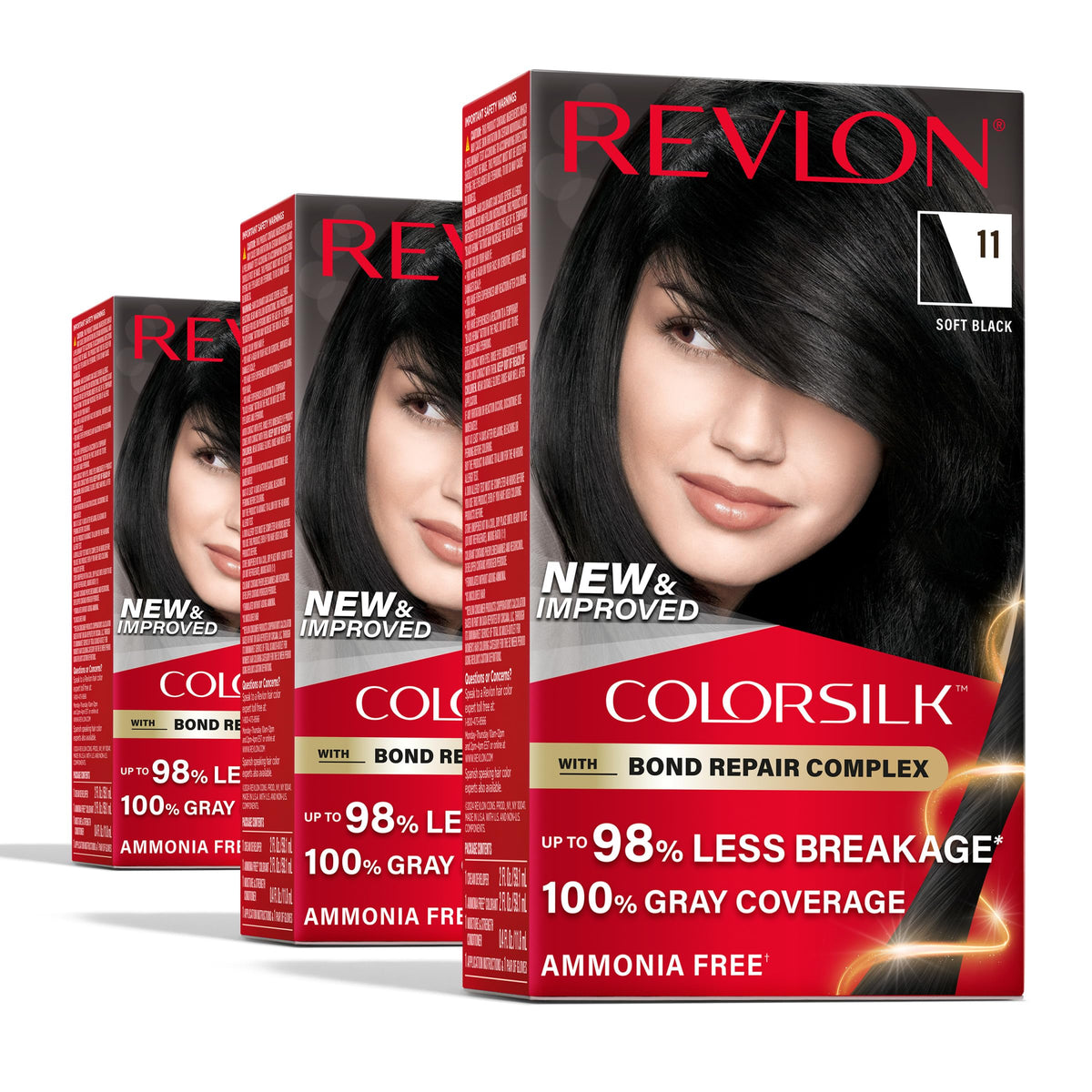 Revlon ColorSilk front packaging showing 11 Soft Black shade and benefits