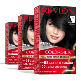 Revlon ColorSilk front packaging showing 11 Soft Black shade and benefits
