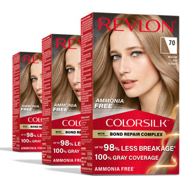 Revlon ColorSilk front packaging showing shade 70 Medium Ash Blonde and benefits