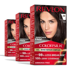 Revlon ColorSilk front packaging showing shade 20 Brown Black and pack of three, clear branding and benefit