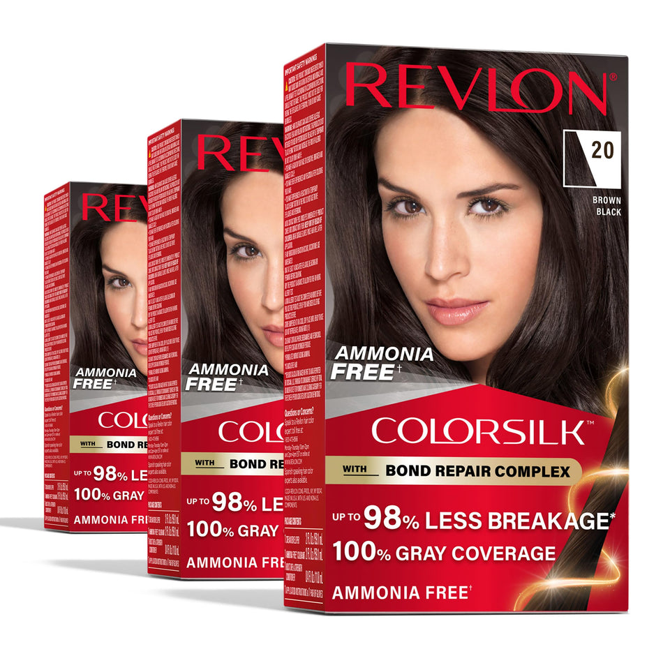 Revlon ColorSilk front packaging showing shade 20 Brown Black and pack of three, clear branding and benefit
