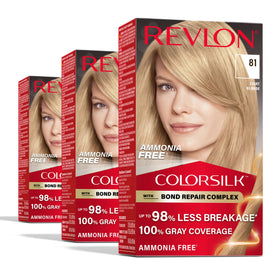 Revlon ColorSilk front packaging showing light blonde shade and claims for healthier hair