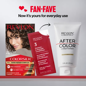 Side-by-side before and after with Revlon ColorSilk showing reduced frizz and improved shine