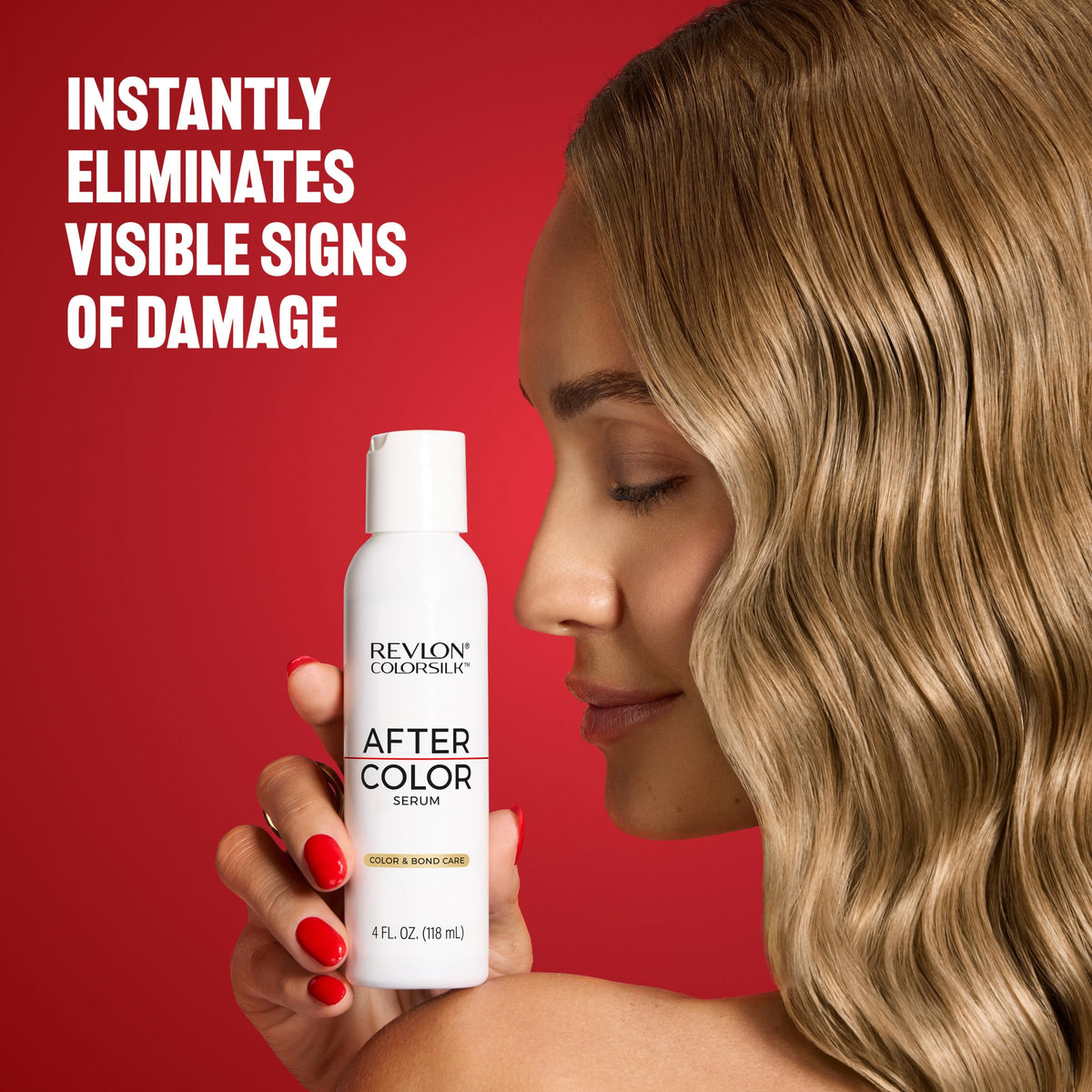 REVLON 4 fl oz bottle shown next to hand for size and scale clarity benefit