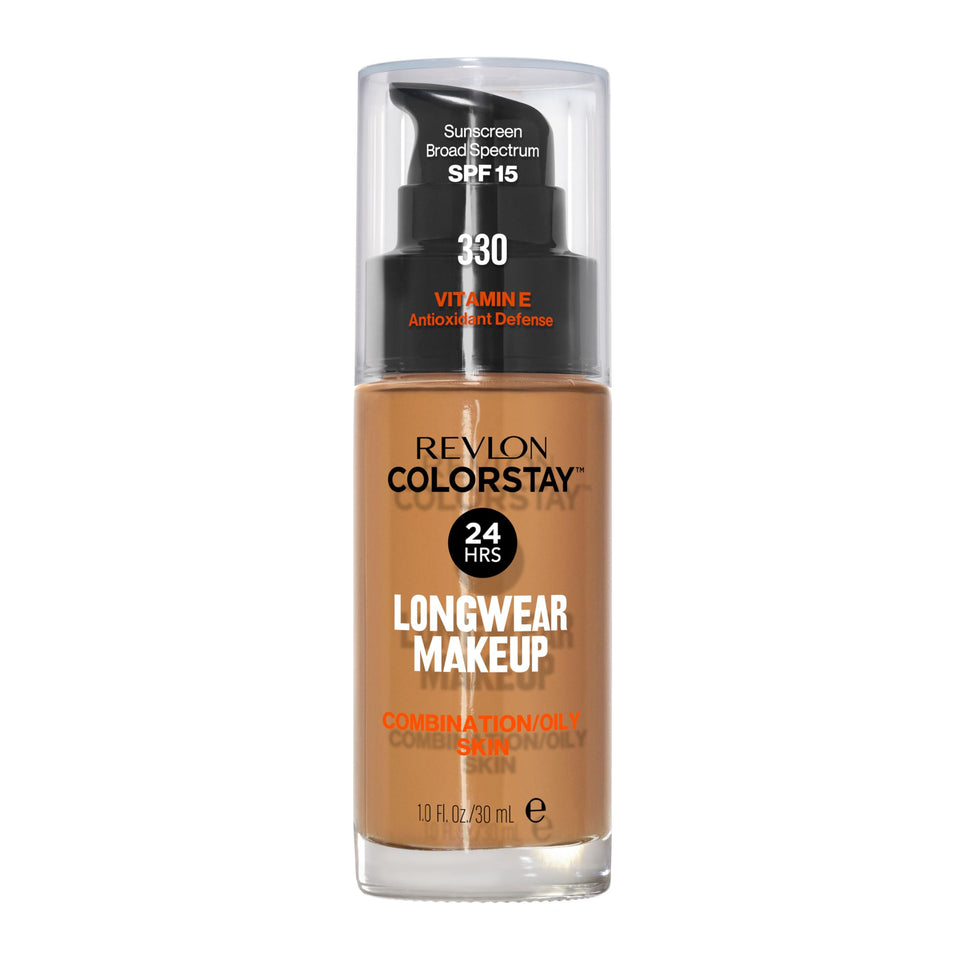Revlon front packaging showing shade Natural Tan 330 and benefit longwear