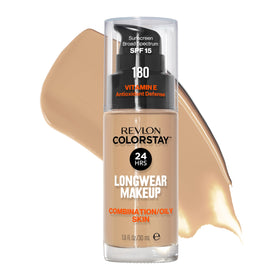 Revlon ColorStay front packaging showing 180 Sand Beige and benefits