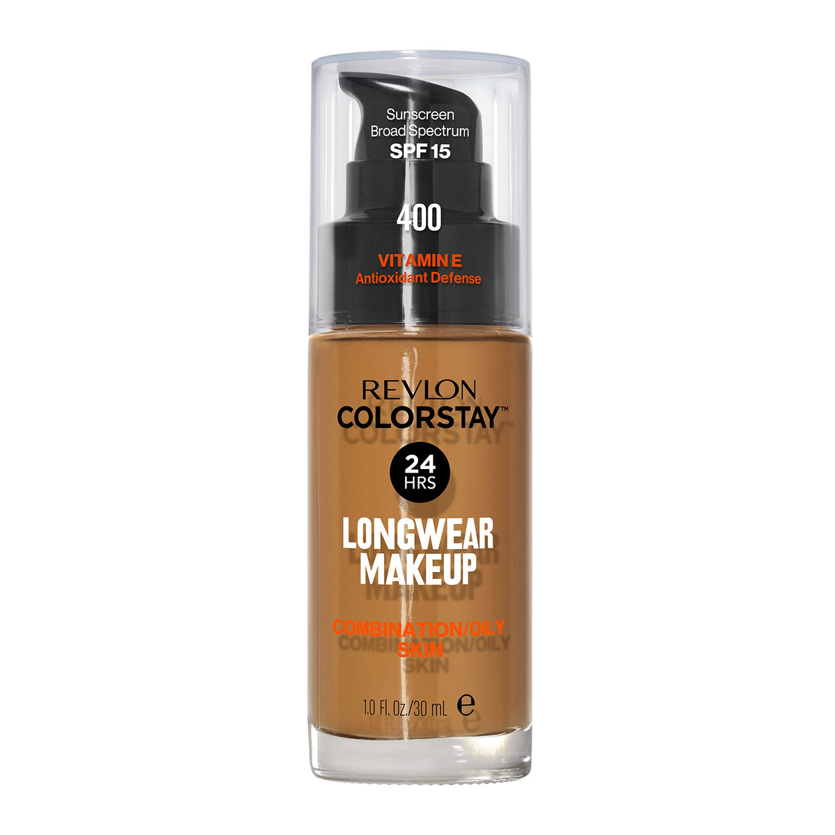 Revlon ColorStay front packaging showing bottle and shade label benefits long wear