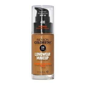 Revlon ColorStay front packaging showing bottle and shade label benefits long wear