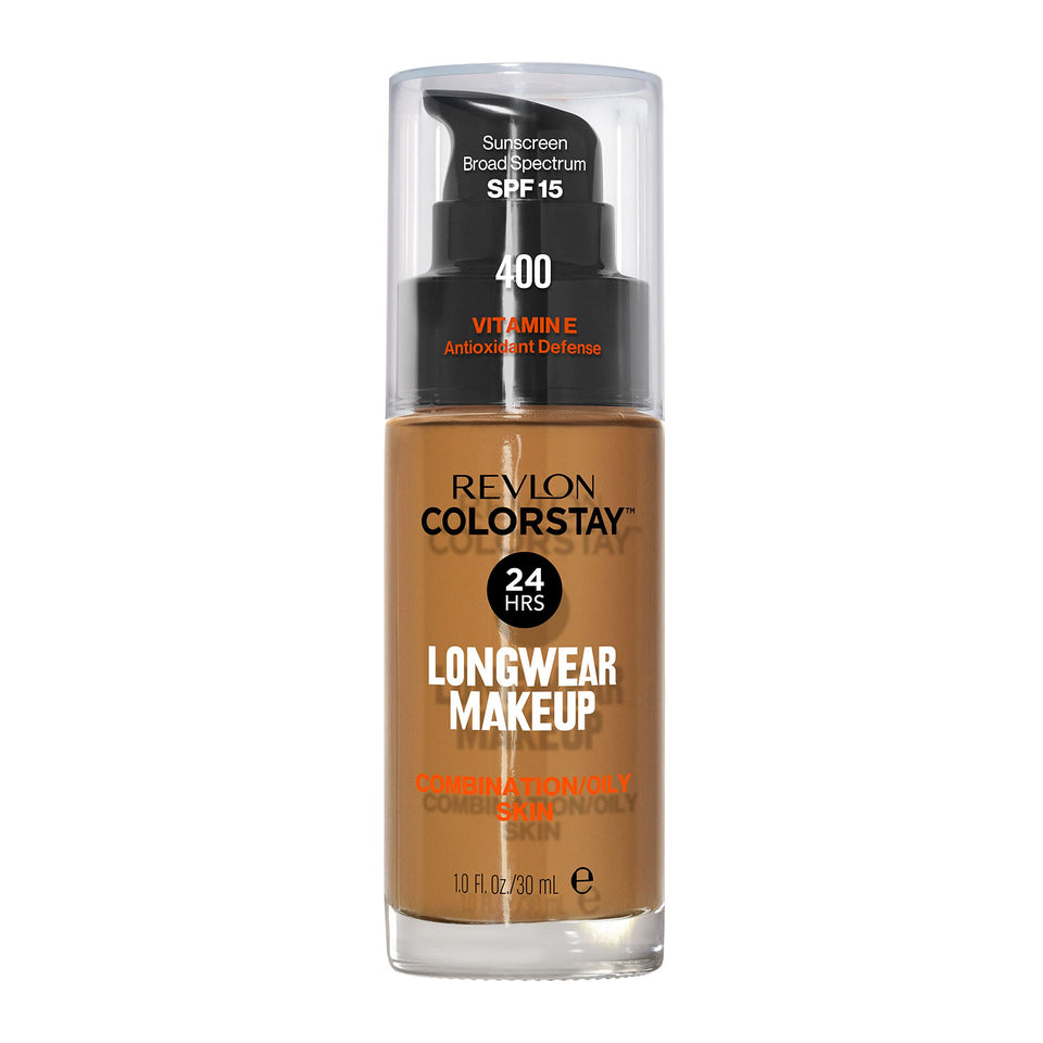 Revlon ColorStay front packaging showing bottle and shade label benefits long wear