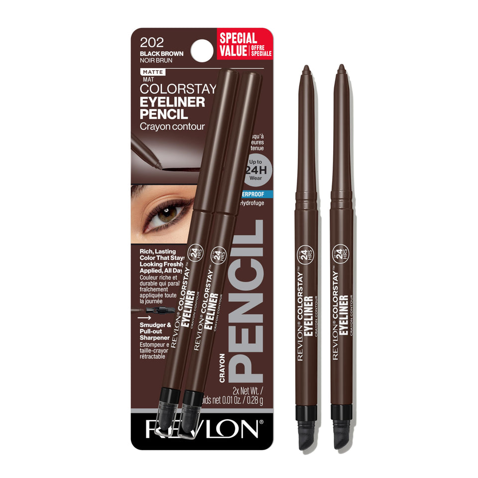 Revlon ColorStay front packaging showing two matte pencils and shade 202