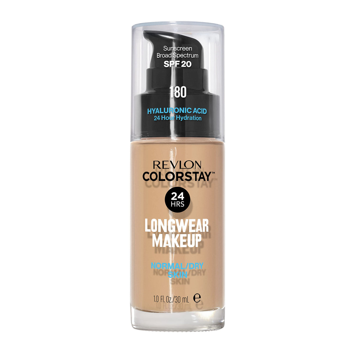 Revlon pump bottle front view showing shade and packaging benefit