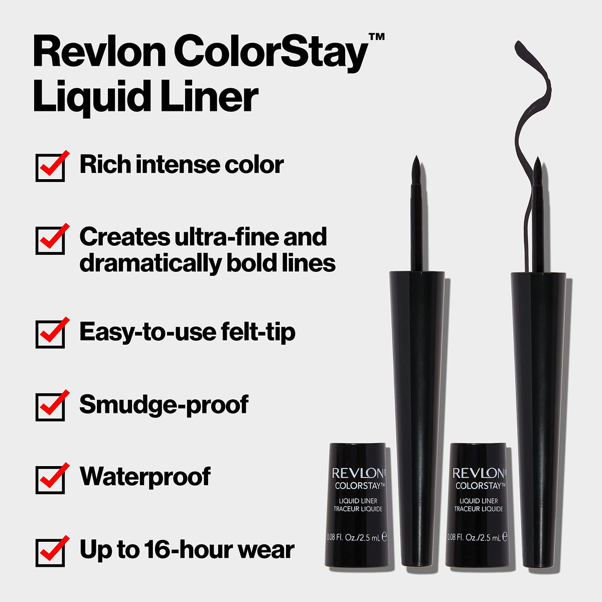 Revlon ColorStay black swatches on skin illustrating rich pigment benefit